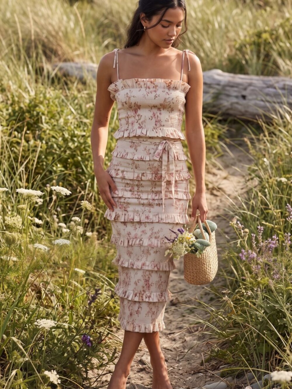 NWT V. Chapman Lily Dress Pink Floral Smocked Ruffle Midi Maxi 10 Wedding Guest